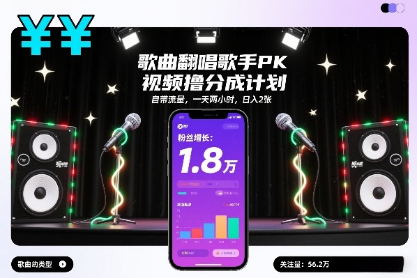 歌曲翻唱歌手PK视频撸分成计划,自带流量,一天两小时,日入2张-小目标云网创