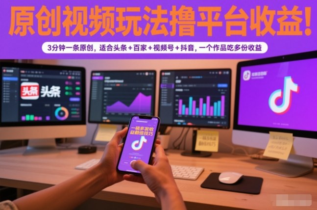 原创视频玩法撸平台收益,3分钟一条原创,适合头条+百家+视频号+抖音,一个作品吃多份收益-小目标云网创