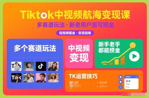 Tiktok中视频航海变现课，多个赛道玩法，新手老手都能在TK中视频捞金-小目标云网创
