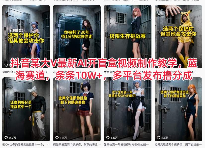 抖音某大V最新AI开盲盒视频制作教学,蓝海赛道,条条10W+,多平台发布撸分成-小目标云网创